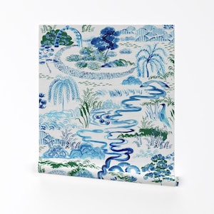 Chinoiserie Removable Peel and Stick Wallpaper - Watercolor.dramatic Vintage - Wall Art Wall Decor - Chinoiserie Landscape by gartmanstudio