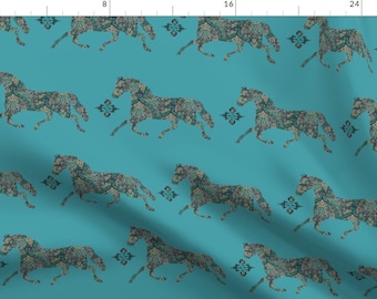 Blue Green Equestrian Horse Fabric - Morroccan Paisley Horse By Ragan - Equestrian Cotton Fabric By The Yard With Spoonflower