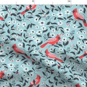 Winter Blue Floral Birds Forest Pattern Fabric - Winter Cardinals By Tatiabaurre - Winter Cotton Fabric By The Yard With Spoonflower