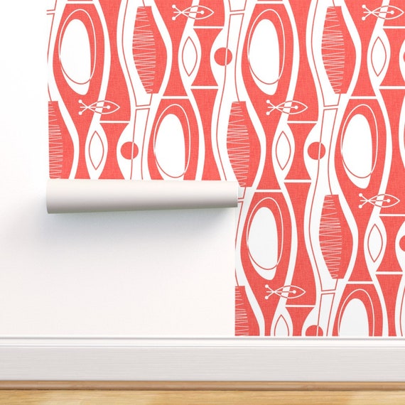 Midcentury Wallpaper Mcm Ocean Coral By Mia Valdez White Etsy Canada