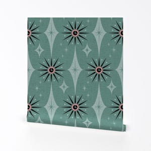 MidCentury Wallpaper - On Vintage Time By Studioxtine - Seafoam Green Starburst Atomic Removable Self Adhesive Wallpaper Roll by Spoonflower