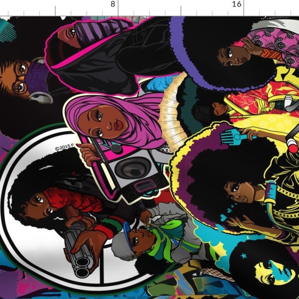 Multicolor Fabric - Afro Collage  by focsi -  Purple Funky Hair Graffiti Afro Hip Hop Boombox  Fabric by the Yard by Spoonflower