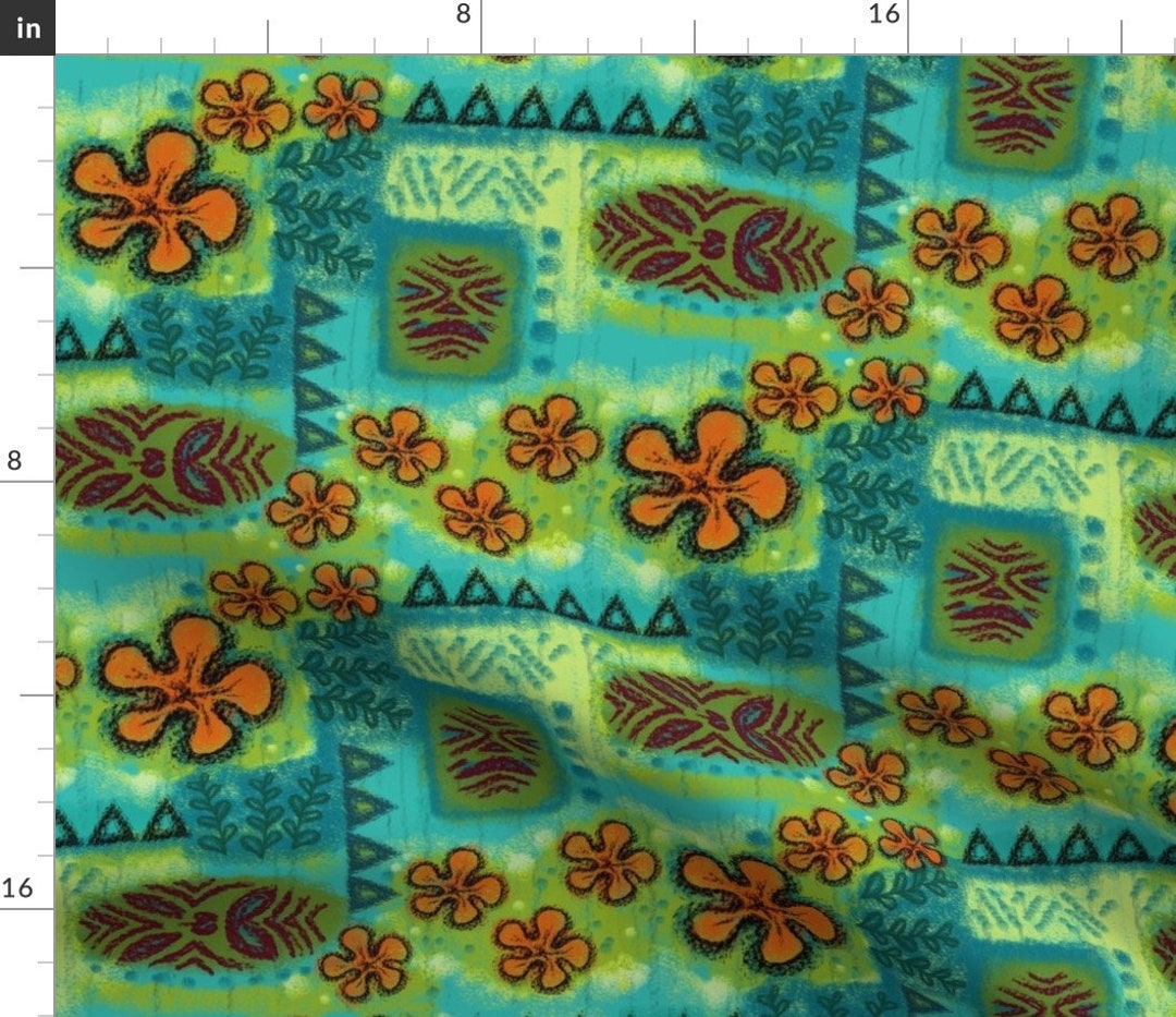 Retro Hawaii Fabric Tiki Turquoise by Woodyworld Vintage Mid Century ...
