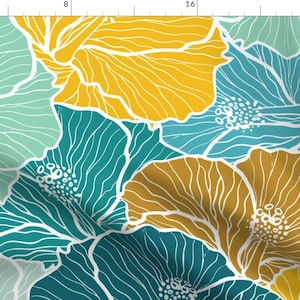 Może przedstawiać: Wzór bez szwów z geometrycznymi kwiatami w odcieniach turkusu, żółtego i białego. Wzór idealnie nadaje się do tkanin, tapet lub innych projektów dekoracyjnych.