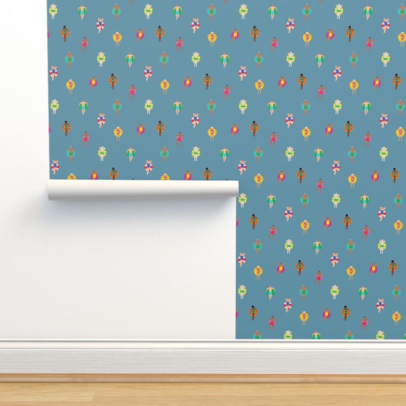 Swimmers Wallpaper Swimmers Pool Floats Dusty Blue by dasbrooklyn Pool Floats Water Removable Peel and Stick Wallpaper by Spoonflower image 4