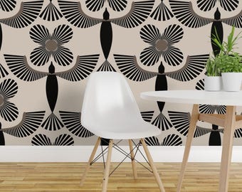 Neutral Bird Wings Peel and Stick Wallpaper - Egyptian Style Geometric Birds  - Removable Wall Decor Art - Avian Bold Birds by virginiao