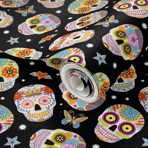 Halloween Wallpaper - Sugar Skulls Black By Mirabelleprint - Day of the Dead Custom Removable Self Adhesive Wallpaper Roll by Spoonflower image 3