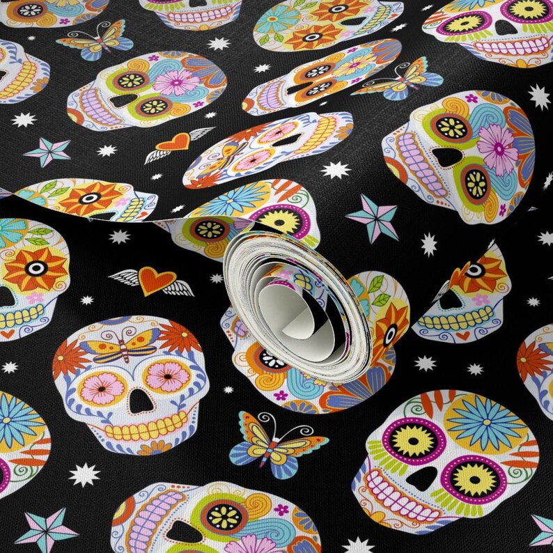 Halloween Wallpaper - Sugar Skulls Black By Mirabelleprint - Day of the Dead Custom Removable Self Adhesive Wallpaper Roll by Spoonflower image 3