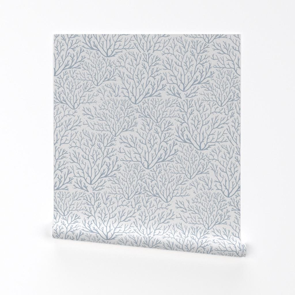 Coastal Blue Gray Removable Peel and Stick Wallpaper - Coral Reef Fan Coral Dusky Blue Gray - Wall Art Wall Decor - Coral Reef by kittenlane