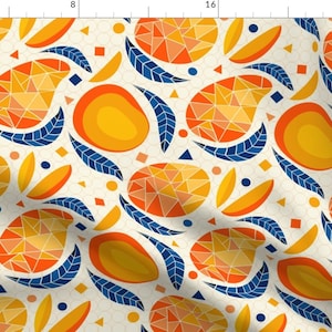 May include: A seamless pattern featuring geometric mango designs in shades of orange, yellow, and red. The pattern is set against a cream background with blue leaf accents and geometric shapes.