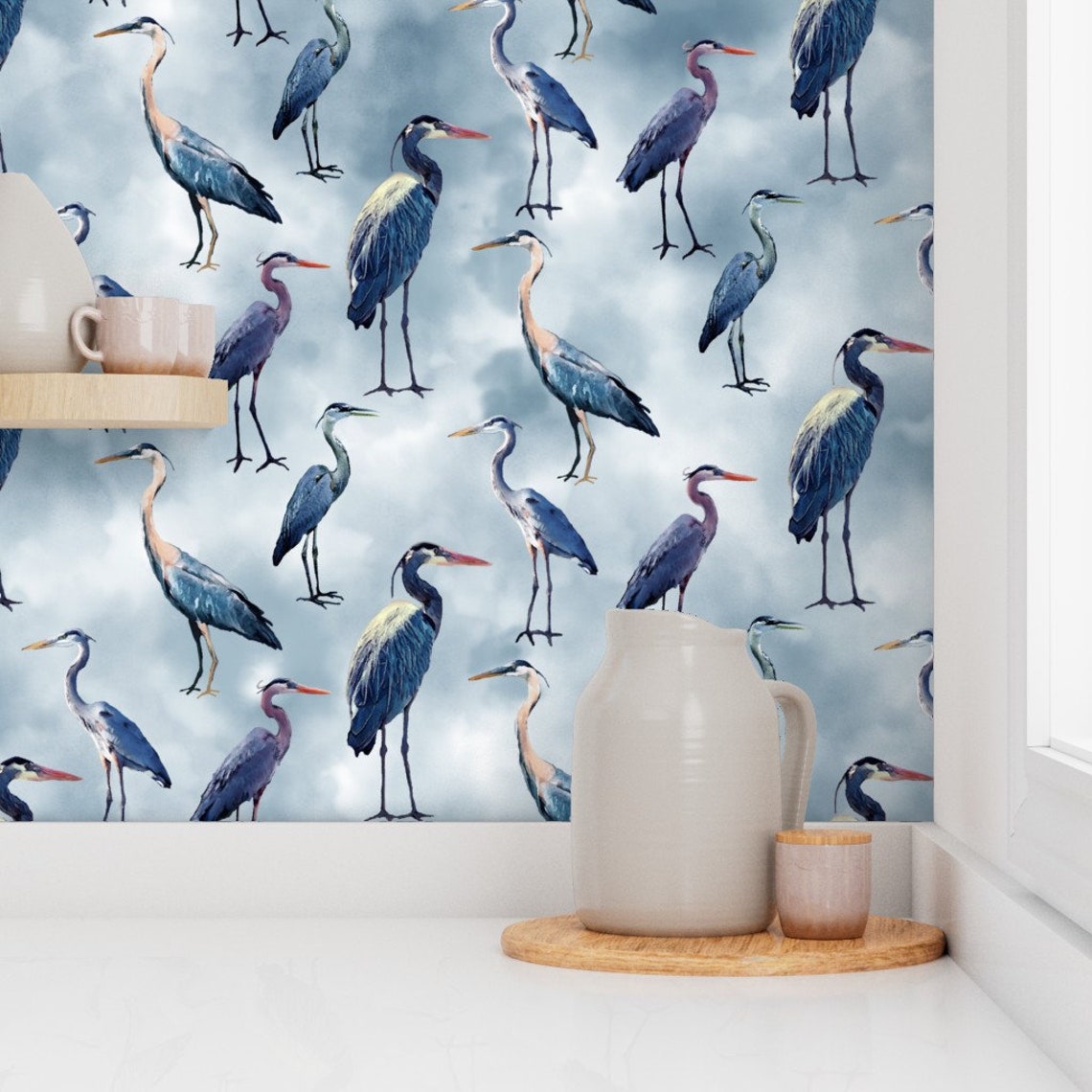 Heron Wallpaper Blue Herons on Blue by Lauriekentdesigns Etsy