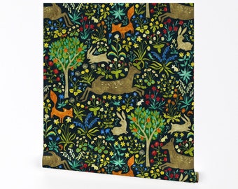 Animals Wallpaper - Arazzomedievale By Gaiamarfurt - Green Orange Blue Custom Printed Removable Self Adhesive Wallpaper Roll by Spoonflower