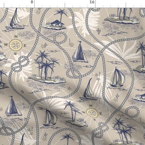Vintage Style Fabric - Tropical Cartography by marina-grau - Palm Tropical Nautical Ships Islands Rope Fabric by the Yard by Spoonflower
