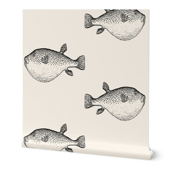 Puffer Fish Wallpaper Black Pufferfish Cream Large Scale by - Etsy Puffer Fish Wallpaper Black Pufferfish Cream Large Scale by - Etsy