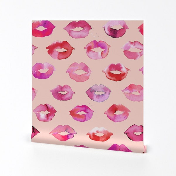 Lips Wallpaper - Kisses By Ninola-Design - Pink Coral Lipstick Girls Rock Bedroom Removable Self Adhesive Wallpaper Roll by Spoonflower