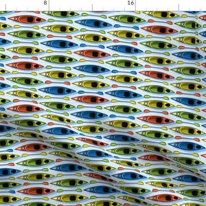 Blue And Red Kayak Natural Camping Pattern Fabric - Kayaks-01 By Bevwestcreative - Kayak Cotton Fabric By The Yard With Spoonflower image 1