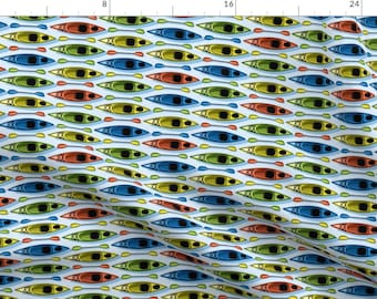Blue And Red Kayak Natural Camping Pattern Fabric - Kayaks-01 By Bevwestcreative - Kayak Cotton Fabric By The Yard With Spoonflower