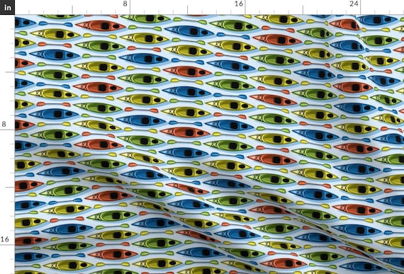 Blue And Red Kayak Natural Camping Pattern Fabric - Kayaks-01 By Bevwestcreative - Kayak Cotton Fabric By The Yard With Spoonflower