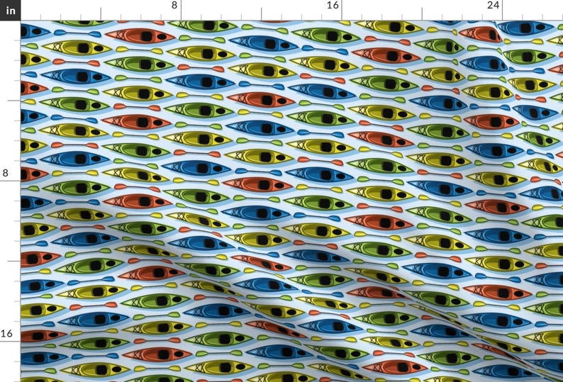 Blue And Red Kayak Natural Camping Pattern Fabric - Kayaks-01 By Bevwestcreative - Kayak Cotton Fabric By The Yard With Spoonflower image 1