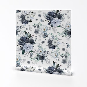 Floral Wallpaper - 8&quot; Navy Black And White Florals White By Shopcabin - Custom Printed Removable Self Adhesive Wallpaper Roll by Spoonflower