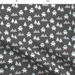 Yeti Snowman Fabric - Yetti - Trees Mountains - Grey With Snow By Littlearrowdesign - Yeti Cotton Fabric By The Yard With Spoonflower