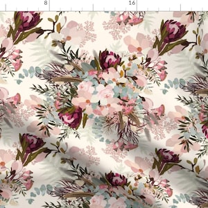 May include: A seamless pattern featuring a floral design with pink, white, and burgundy flowers, leaves, and branches on a cream background.