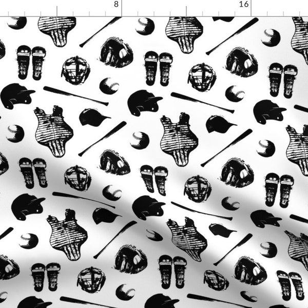 Baseball Fabric - Baseball Gear - White On Black By Thin Line Textiles - Sports Equipment Cotton Fabric By The Yard With Spoonflower