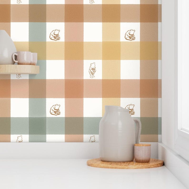 Pooh Gingham Peel and Stick Wallpaper - Vintage Gingham Warm Neutral - Removable Wall Decor Art - Winnie-the-pooh by at_the_cottage image 7