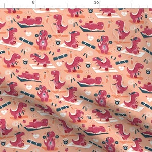 Dinosaur Pink Gym Pattern Fabric - Fitness Exercises For A Dino // Small Scale // Coral Background Red T-Rex Dinosaurs By Selmacardoso
