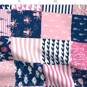 Nautical Pink Cheater Quilt Fabric - Rotated - Girls Navy And Pink Fabric By Andrea Lauren - Cotton Fabric By The Yard With Spoonflower