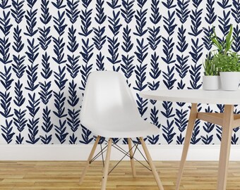 Papel pintado botánico moderno - Sage Indigo de Jillbyers - Rollo de papel pintado autoadhesivo removible con estampado personalizado en azul y blanco de Spoonflower