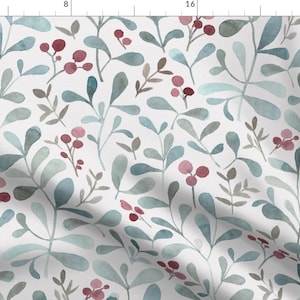 Winter Floral Fabric - Winter Flora - Watercolor Red Berries And Mistletoe Leaves By Lolahstudio - Winter Flora Fabric With Spoonflower