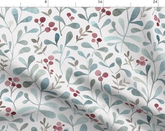 Winter Floral Fabric - Winter Flora - Watercolor Red Berries And Mistletoe Leaves By Lolahstudio - Winter Flora Fabric With Spoonflower