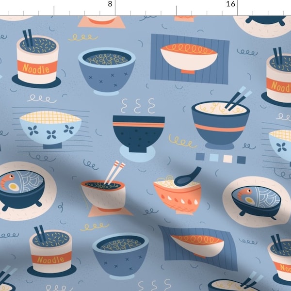 Noodle Fabric - Narimuki By La Fabriken - Asian Ramen Swirls Neutral Blue Bowl Orange Chopsticks Cotton Fabric By The Yard With Spoonflower