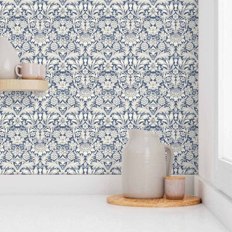 Victorian Floral Peel and Stick Wallpaper - English Garden William Morris - Removable Wall Decor Art - Sunflower Blue by wbbeardie image 7