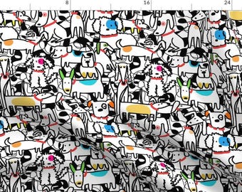 Dogs Abstract Cartoon Puppies Doodle Fabric - Party Dogs By Cooper+Craft - Dogs Colorful Pets Cotton Fabric By The Yard With Spoonflower