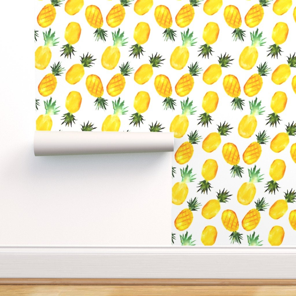Removable Water-Activated Wallpaper Pineapple Tropical Fruit Watercolor Blue And Removable Water-Activated Wallpaper Pineapple Tropical Fruit Watercolor Blue And