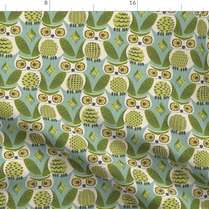 Kitschdc Green Owls Fabric - Kitschy Owls (Avocado) Birds By Fleabat - Kitschdc Green Birds Cotton Fabric By The Yard With Spoonflower
