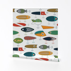 Lures Wallpaper - Hooked Up - White By Katerhees - Fishing Lures Red Custom Printed Removable Self Adhesive Wallpaper Roll by Spoonflower