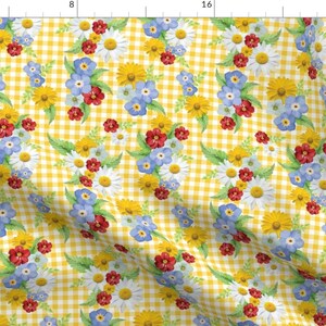 Gingham Flowers Fabric - Yellow Gingham Floral By Twodreamsshop - Yellow Gingham Spring Florals Cotton Fabric By The Yard With Spoonflower
