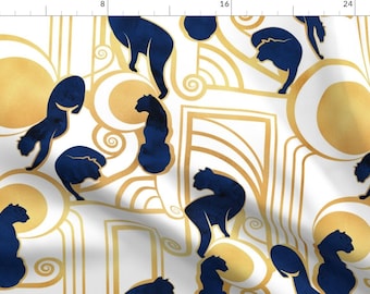 Panther Fabric - Deco Gatsby Panthers By Selmacardoso - Art Deco Panthers Cats Gold White Blue Cotton Fabric By The Yard With Spoonflower