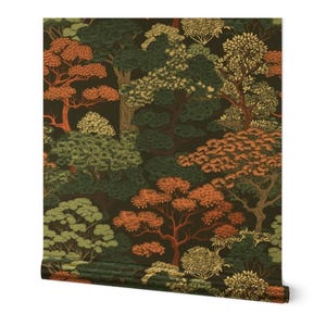 Zen Garden Gold or Silver Metallic Wallpaper - Japanese Forest by paper_and_frill - Japanese Coral Pine Green Wallpaper Roll by Spoonflower