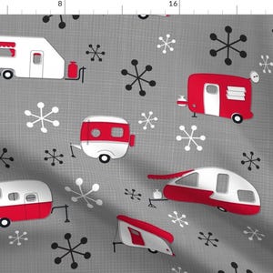 Atomic Fabric - Vintage Retro 1950s Campers Red White On Charcoal Grey Camping By Juliesfabrics - Cotton Fabric By The Yard With Spoonflower