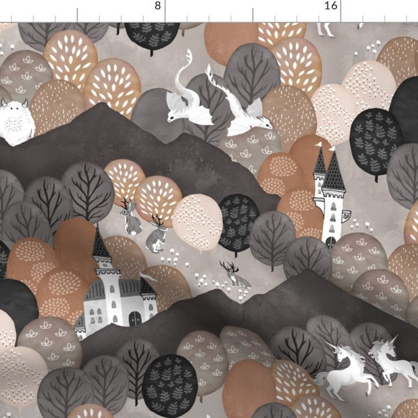 Fairy Tale Forest Fabric - Enchanted Forest by adenaj - Earth Tone Neutral Dragon Castle Unicorn Princess Fabric by the Yard by Spoonflower