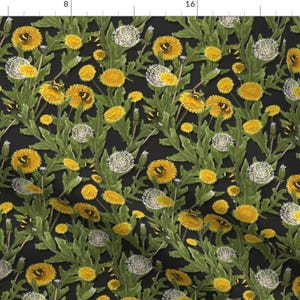 May include: A black background with a repeating pattern of yellow dandelions, green leaves, and small black and yellow bumblebees.