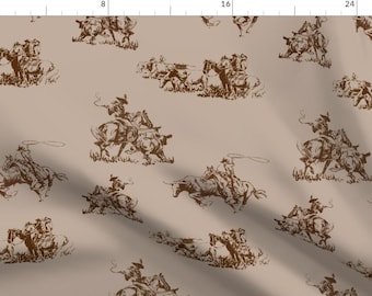 May include: A seamless pattern featuring a repeating design of cowboys on horseback roping cattle. The pattern is in shades of brown on a light brown background.