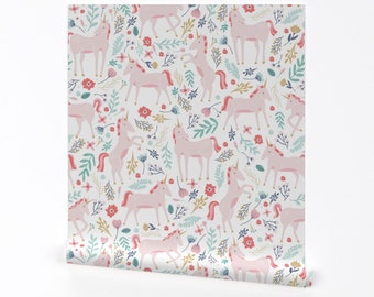 Unicorn Wallpaper - Unicorn Fields By Shelbyallison - Pink White Girl's Kid's Fairy Removable Self Adhesive Wallpaper Roll by Spoonflower