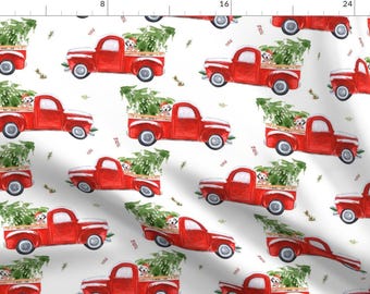 Red Christmas Trucks Trees Holiday Fabric - Best Friend Christmas Truck By Shopcabin - Red Cotton Fabric By The Yard With Spoonflower