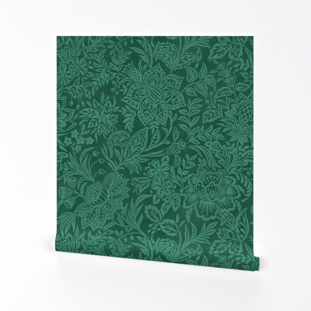 Emerald Green Floral Wallpaper Folk Floral by Byre_wilde Extra Large