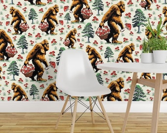 Bigfoot Peel and Stick Wallpaper - Mushroom Foraging Whimsical Funny Quirky - Removable Wall Decor Art - Sasquatch Forest by painterlysue